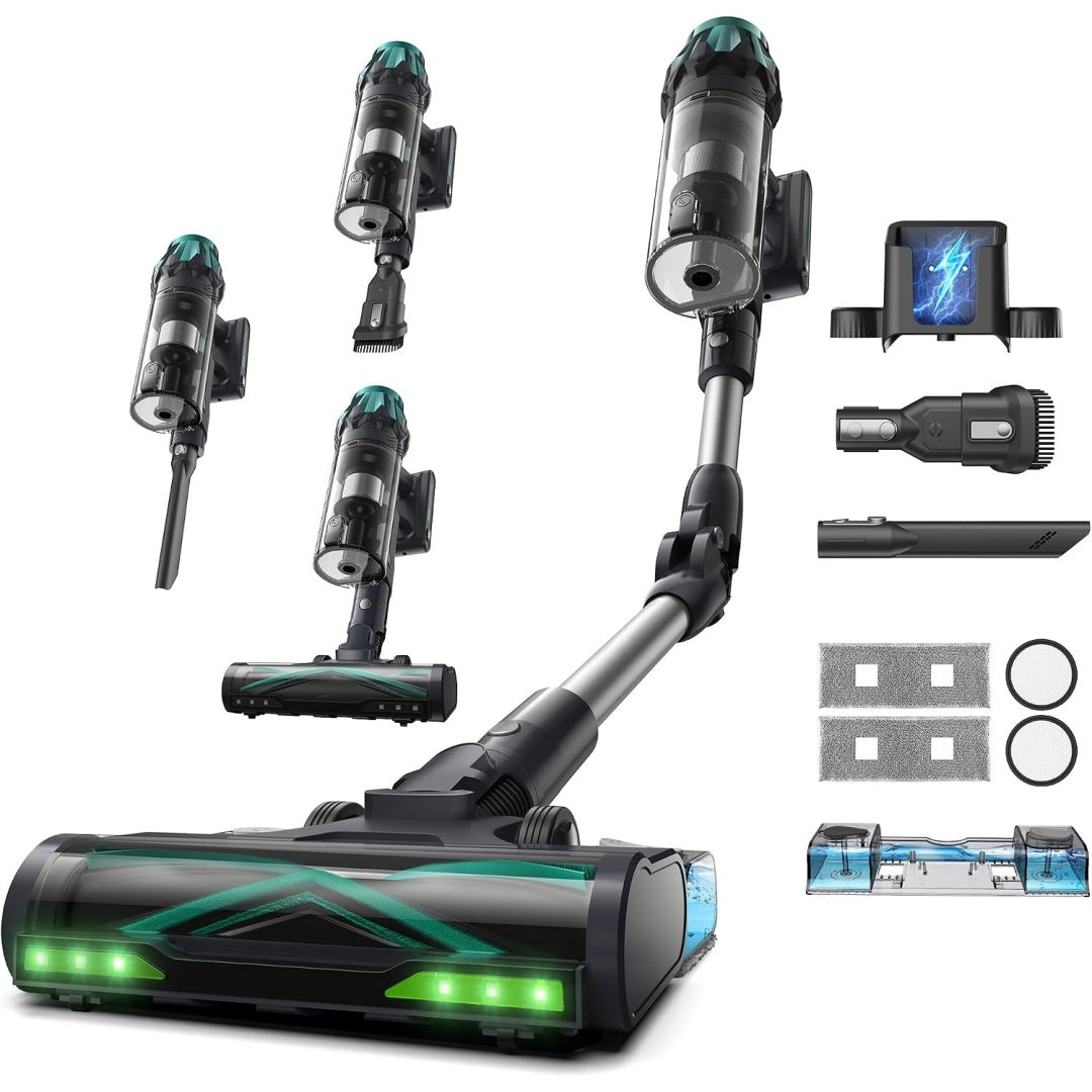 Cet aspirateur balai combine le nettoyage des tissus et une filtration des particules fines