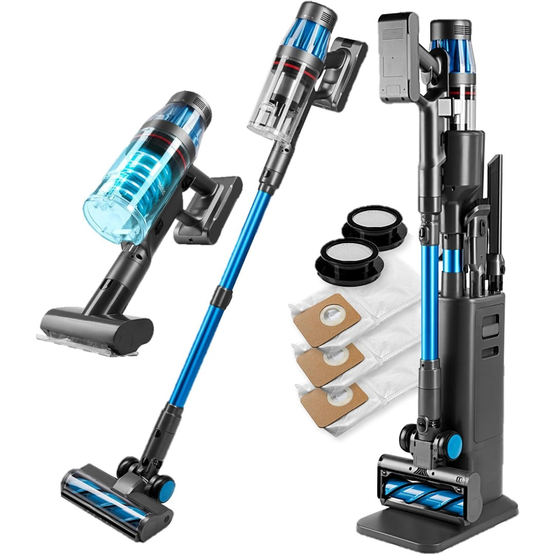 Aspirateur au format balai, coloris gris et noir, avec un tube telescopique